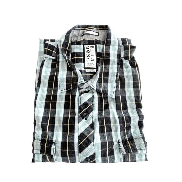 Billabong Mens Casual Button Down Shirt Short Sleeve Plaid Green Black Medium - Picture 6 of 6